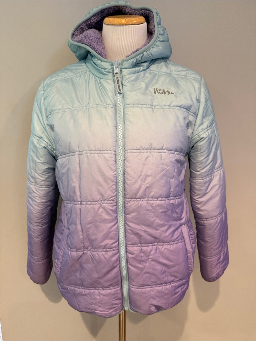 Eddie Bauer Girls' Ombre Light Blue to Lavender Hooded Puffer- L/ 14